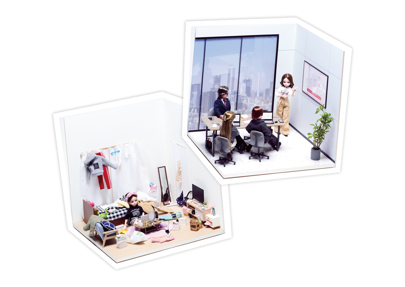 現実味満載のジオラマ展示のイメージ(オフィスの会議室と、くつろぎのひとり暮らしの部屋)