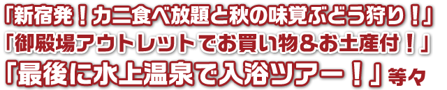 「新宿発！カニ食べ放題と秋の味覚ぶどう狩り！」<br />「御殿場アウトレットでお買い物＆お土産付！<br />「最後に水上温泉で入浴ツアー！」等々