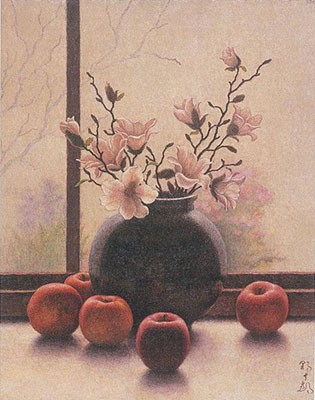 「こぶしとリンゴ」昭和41年頃、福岡県立美術館蔵