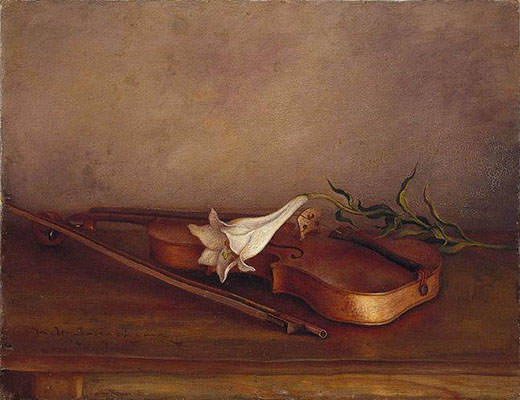 「百合とヴァイオリン」大正10年頃(c 1921)、目黒区美術館蔵